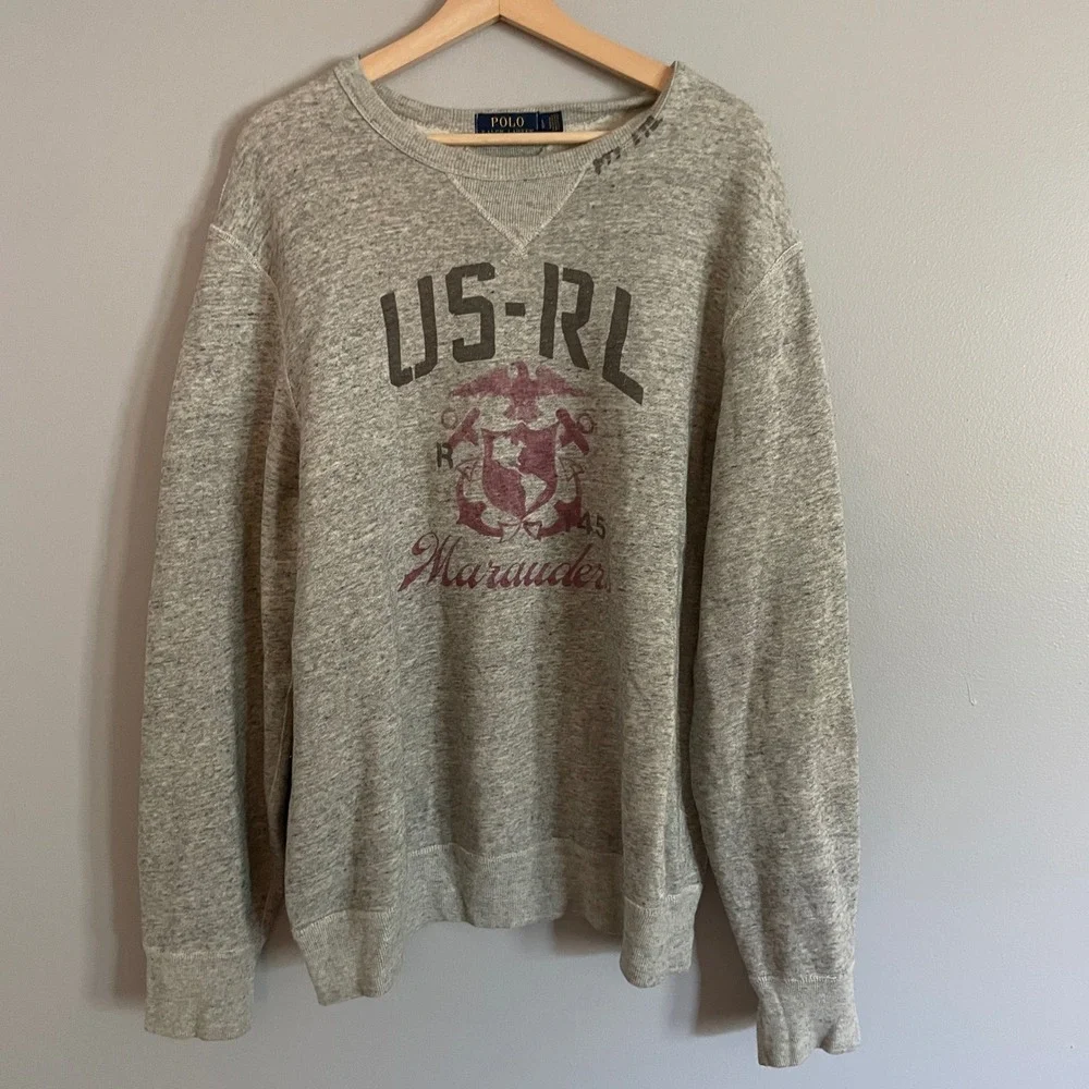 Polo Ralph Lauren Sweatshirt Mens Large Gray Marauder Graphic Military Crew